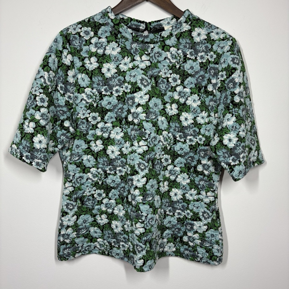 Maeve Anthropologie Womens Floral Jacquard Top Size XL Green Blue Mock Neck